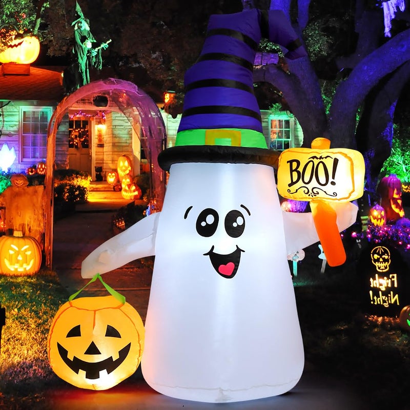 GOOSH 5 FT Halloween Inflatables Ghost Outdoor Decorations Blow Up Yard Cute Wizard Ghost with Pumpkin with Built-in LEDs for Garden Lawn Indoor Party Holiday Decor - Image 1